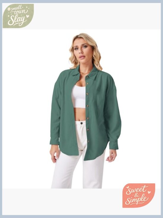 Oversized Corduroy Button Down Shirt Long Sleeve Boyfriend Fit Blouse Top - Picture 2 of 7